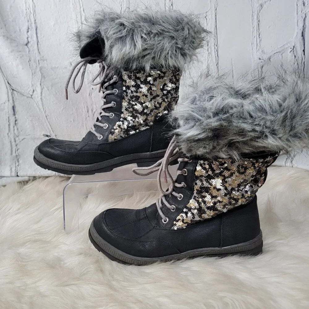 Justice Womens Sz 9 Sequin Snow Boots Faux Fur Vegan Winter Black Casual‎